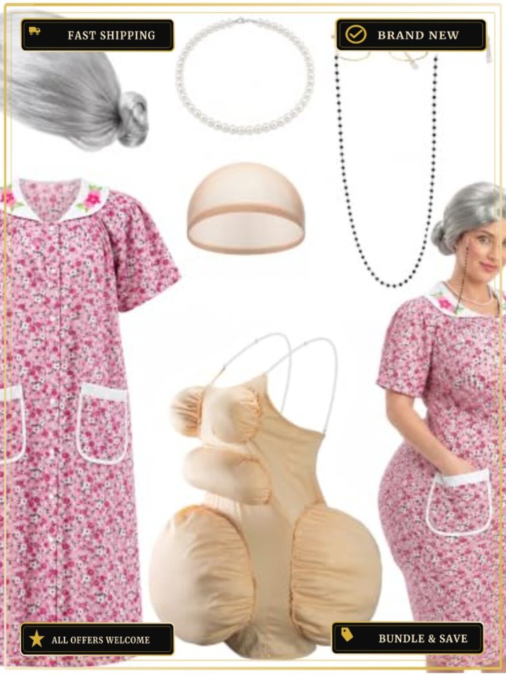 7 PC Halloween Old Lady Costume Set Grandma Dress Wig Glasses Adult